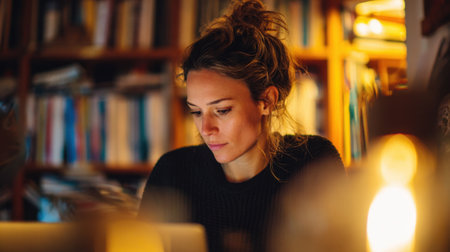 A woman is engaged in focused work on her laptop in a cozy library filled with books. Warm light creates a serene atmosphere for productivity.の素材
