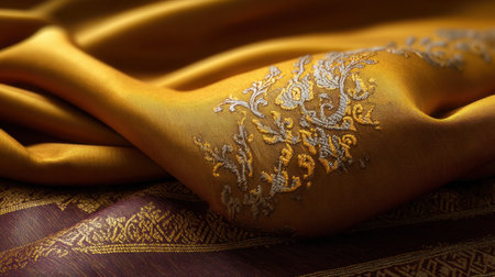This image captures a luxurious golden fabric adorned with intricate embroidery, showcasing stunning patterns and textures ideal for design inspiration.の素材