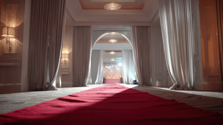 A captivating event hall featuring a red carpet leading to a softly illuminated stage, surrounded by elegant white drapes, perfect for celebrations.の素材