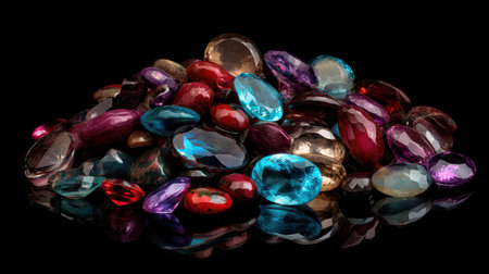 A stunning collection of colorful gemstones in various shapes and sizes, showcasing their beauty and shine against a black background. Ideal for themes of elegance and luxury.の素材