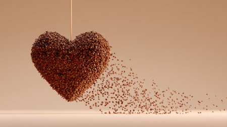 A heart shape made of coffee beans hangs in mid-air with some beans falling down, creating a romantic and warm atmosphere.の素材