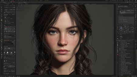 This stunning portrait features a young woman with dark hair and striking blue eyes, capturing her beauty and personality in a serene and elegant manner.の素材