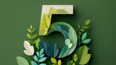 A captivating number five crafted from wood and surrounded by rich green leaves, showcasing nature beauty and vibrant textures. Perfect for eco-themed designs.の素材