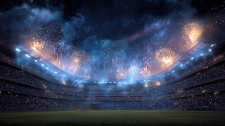 A stunning fireworks display illuminates the night sky above a vibrant sports stadium as enthusiastic fans cheer in celebration. This captivating scene embodies the thrill of outdoor events.の素材