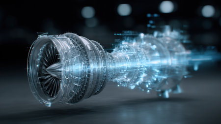 A stunning representation of a futuristic jet engine featuring advanced digital effects, perfect for illustrating aviation technology and innovation.の素材