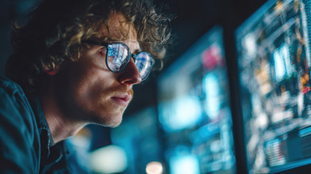 A young man with glasses intently analyzes data displayed on multiple screens in a dimly lit workspace, showcasing modern technology.の素材