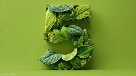 This unique close-up image showcases the number five formed from an array of vibrant green leaves, set against a matching background. Explore themes of nature, growth, and freshness in this imaginative design.の素材