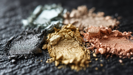 Close-up view of assorted natural mineral powders in vibrant shades resting on a dark surface, perfect for artistic makeup and design projects.の素材