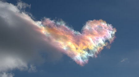 A stunning heart-shaped cloud formation painted with soft pastel colors floats in a bright blue sky, creating a whimsical and magical scene that evokes love and tranquility.の素材