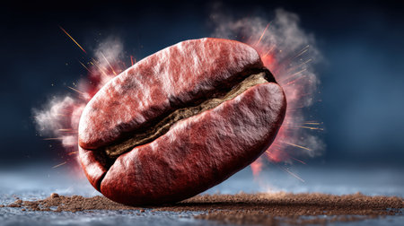 This captivating image features a single brown coffee bean seemingly exploding with energy, surrounded by smoke and dynamic effects, set against a dark background, perfect for food and beverage projects.の素材