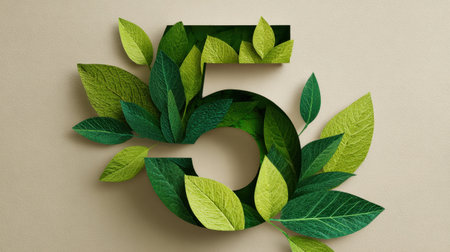 A creative depiction of the number five formed with vibrant green leaves, symbolizing nature and growth, perfect for eco-friendly themes.の素材