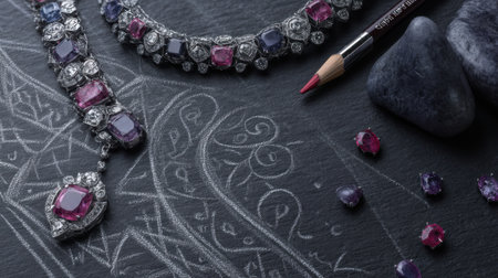 This image features an elegant jewelry design on a dark slate background, showcasing sparkling gemstones and sketch tools that highlight artistic creativity and craftsmanship.の素材