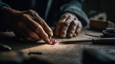A skilled craftsman closely inspects a striking pink gemstone nestled on a worn wooden surface, surrounded by traditional tools. The atmosphere is rich with creativity and expertise.の素材