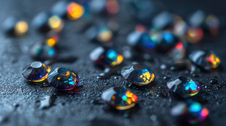A stunning close-up of colorful gems spread across a dark surface, showcasing their sparkling lights and vibrant reflections for a captivating visual experience.の素材