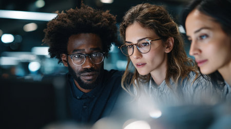 A diverse team of three professionals engages intensely while analyzing data on laptops in a modern office setting, showcasing teamwork and collaboration.の素材