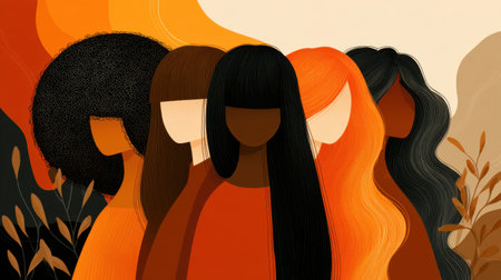 This vibrant illustration features a group of diverse women with long flowing hair, celebrating beauty and unity against a warm sunset backdrop.の素材