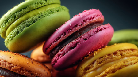 A visually appealing arrangement of colorful French macarons showcases the artistry of dessert making. These vibrant pastries, with their diverse flavors and textures, create an inviting scene perfect for celebrations or indulgent moments.の素材