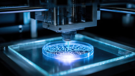 This image showcases advanced 3D printing technology in action, emphasizing intricate designs and precision in a dimly lit manufacturing environment.の素材