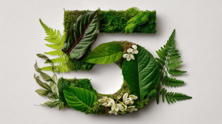 A creative depiction of the number five made from lush green leaves and natural elements, ideal for promoting eco-friendly themes or concepts.の素材