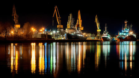 A picturesque nighttime port scene captures illuminated cranes and vessels reflecting in calm water, showcasing maritime activity and industrial energy.の素材