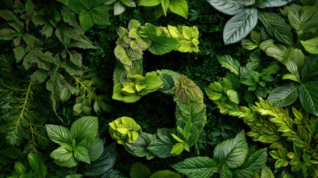 This captivating image features the number five artistically crafted from assorted fresh leaves, showcasing vibrant green hues. Perfect for nature-themed concepts.の素材