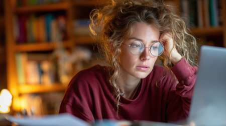 A young woman with curly hair and glasses looks stressed while working on her laptop in a cozy home setting, surrounded by books.の素材