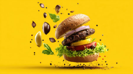 This dynamic image features a vibrant burger with fresh ingredients that appear to be floating against a bright yellow backdrop. Perfect for food photography.の素材