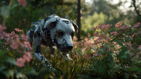 A futuristic robotic dog roams through a vibrant garden filled with colorful flowers and lush greenery, capturing the essence of nature and technology.の素材