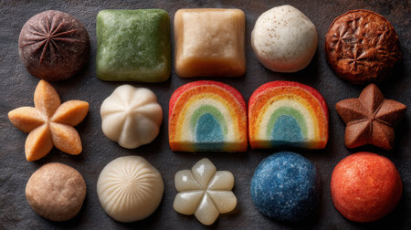 A visually striking arrangement of colorful handmade treats showcases a variety of shapes and textures, perfect for any culinary display.の素材