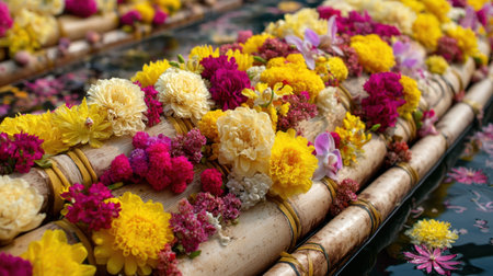 A stunning arrangement of vibrant flowers on bamboo rafts floating gently on water, celebrating nature's beauty and tranquility in outdoor settings.の素材