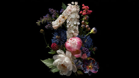 A captivating floral arrangement featuring the number one crafted from an assortment of vibrant blossoms, creating a striking visual on a black background.の素材