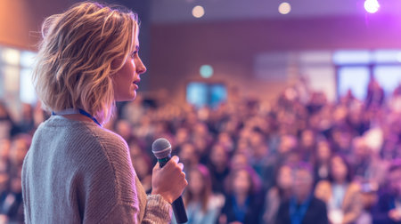 A confident female speaker stands on stage, captivating a large audience with her engaging presentation. The modern conference atmosphere inspires connection and learning.の素材