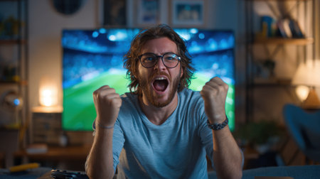An enthusiastic young man experiences joy and excitement while celebrating a sports victory in his cozy living room. Emphasizing warmth and emotion.の素材