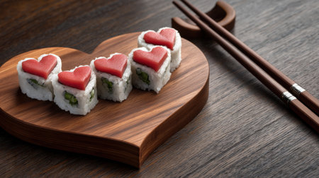 Delight in the creative presentation of heart-shaped sushi rolls arranged on a wooden plate. Ideal for romantic meals or special occasions.の素材