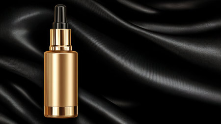 This striking image features a luxurious golden cosmetic bottle elegantly positioned on a smooth black silk fabric background, perfect for eye-catching beauty product marketing.の素材