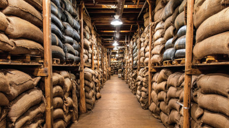 Explore the interior of a rustic warehouse filled with stacks of burlap bags, showcasing the storage of various agricultural products.の素材