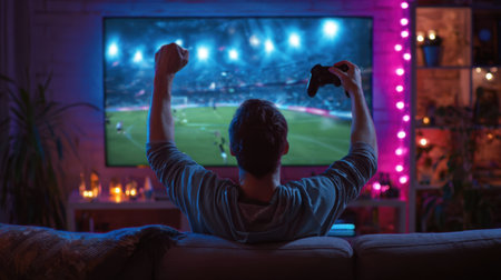 A young man enjoys a thrilling moment as he celebrates while playing a video game on a large screen. The cozy living room is filled with modern and ambient lights, setting a vibrant atmosphere.の素材