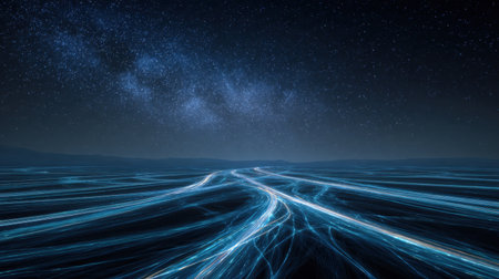 A mesmerizing view of a night sky filled with stars above a tranquil landscape. Light trails create a dynamic contrast against the serene backdrop, evoking a sense of wonder and exploration.の素材
