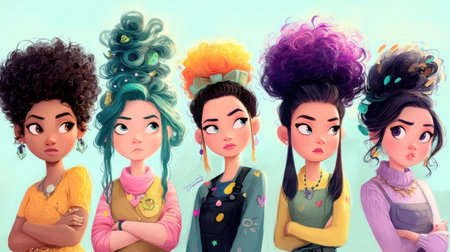 This colorful illustration features five diverse young women showcasing unique hairstyles and expressions, celebrating individuality and style in a modern and playful atmosphere.の素材