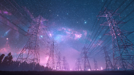 This enchanting image captures a night sky filled with stars and a galaxy, beautifully intertwined with a silhouette of power lines, blending nature with technology.の素材
