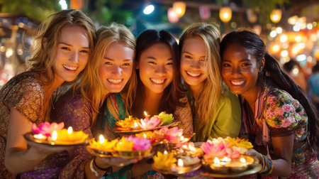 A vibrant gathering of five diverse friends joyfully celebrating a cultural festival, holding glowing lotus candles and sharing smiles.の素材