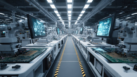 A high-tech manufacturing facility featuring advanced robotics and automated systems for efficient production. The image showcases precision machinery and circuit boards, highlighting modern technology in action.の素材