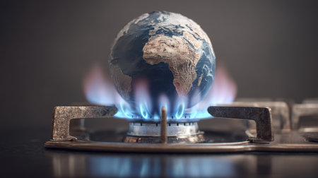 An artistic representation of the Earth depicted atop a gas burner, showcasing the dual themes of energy consumption and environmental awareness.の素材