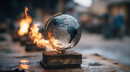 This striking artwork showcases a globe engulfed in flames, symbolizing urgent global challenges. The captivating blend of metal and fire evokes a powerful message about environmental issues and artistic expression.の素材