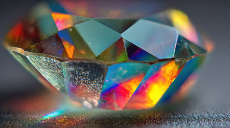 This image showcases a close-up of a colorful gemstone featuring sparkling facets and iridescent reflections set against a soft background, emphasizing its beauty and detail.の素材