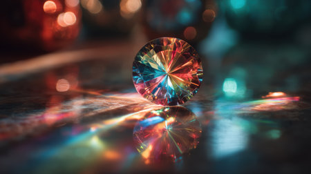 A stunning diamond showcases brilliant colors and reflections as it rests on a surface, surrounded by a dreamy, blurred background of vibrant ornaments.の素材