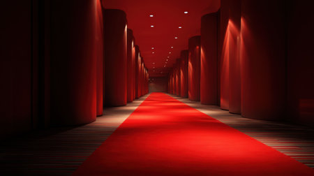 A visually striking red carpet hallway flanked by illuminated columns creates a dramatic and inviting atmosphere, perfect for upscale events.の素材
