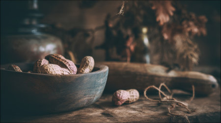 Capture the essence of rustic charm with a wooden bowl of raw peanuts placed on an aged wooden table surrounded by vintage kitchen tools, evoking a warm, inviting atmosphere.の素材