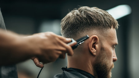 A skilled barber expertly shapes a fade haircut on a young man in a chic barbershop, highlighting the artistry of modern grooming techniques.の素材
