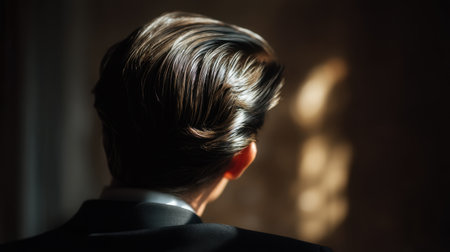A captivating back view of a man with well-groomed hair in a sleek suit. Soft light creates beautiful shadows in an elegant ambiance.の素材